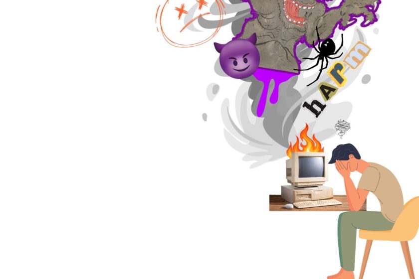 A small figure sitting at a computer with his head in his hands. The top of his computer is in flames and above it a whirlwind of toxic content is spewing out. Demons, devils, skulls, death, violence, triple X, the words hate and harm bloom out from the computer and tower over him.