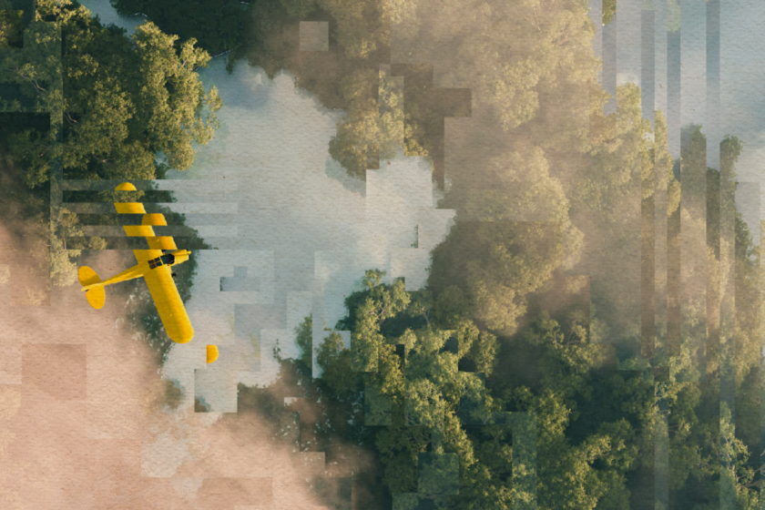 A bird's eye view photo of a small yellow aeroplane flying over a river or lake interspersed with trees and clouds. However, the image is slightly distorted with digital artifacts.