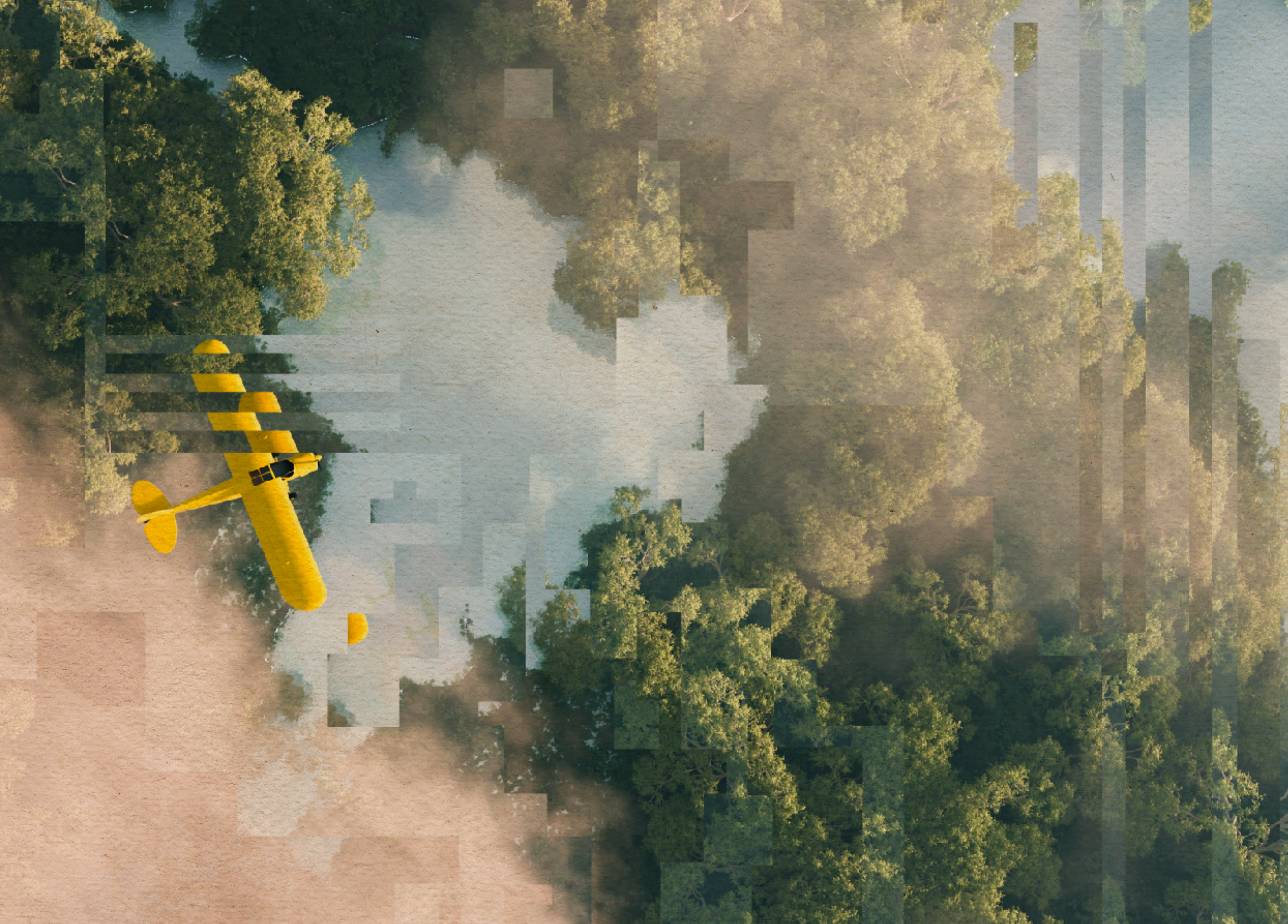 A bird's eye view photo of a small yellow aeroplane flying over a river or lake interspersed with trees and clouds. However, the image is slightly distorted with digital artifacts.