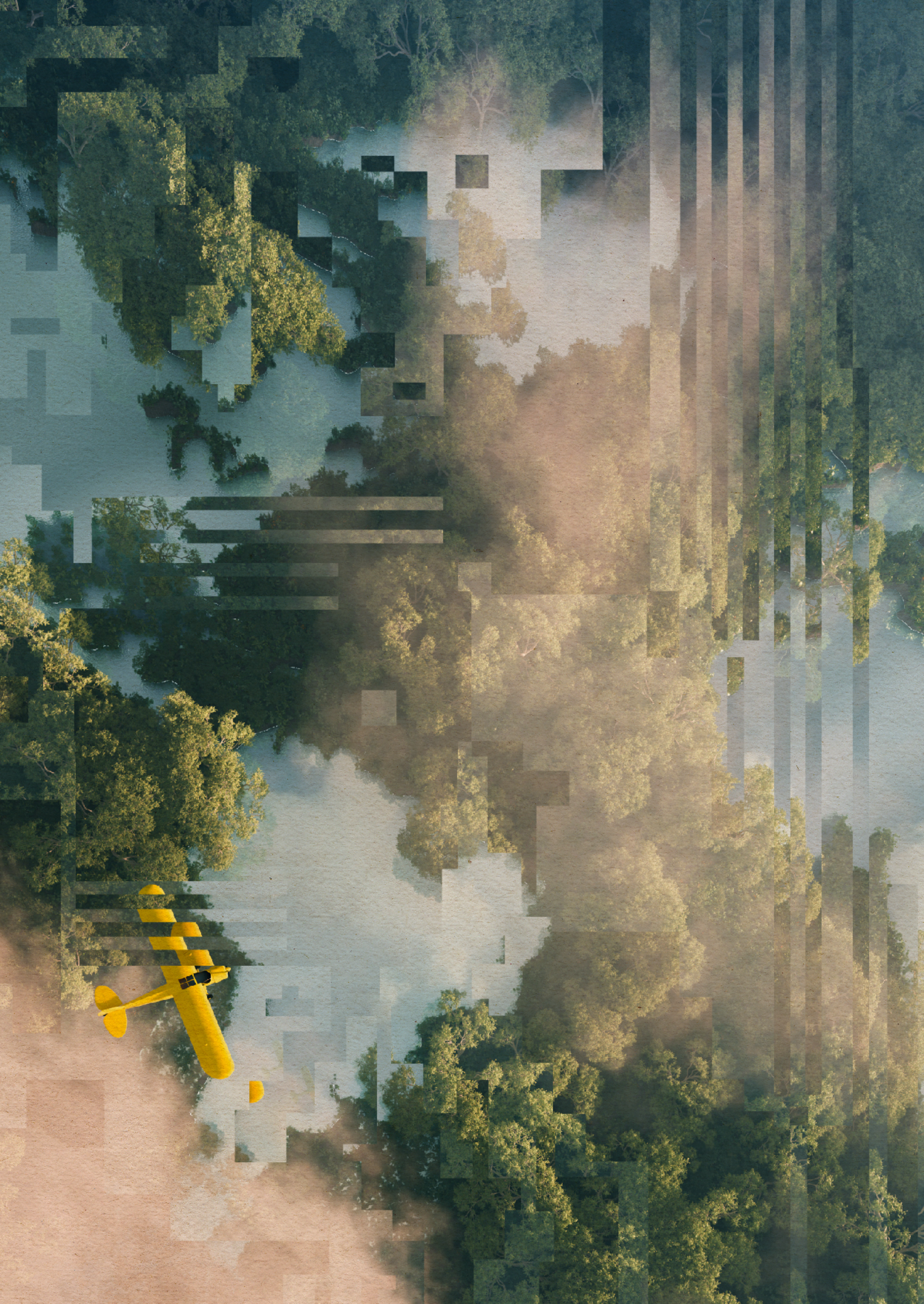 A bird's eye view photo of a small yellow aeroplane flying over a river or lake interspersed with trees and clouds. However, the image is slightly distorted with digital artifacts.