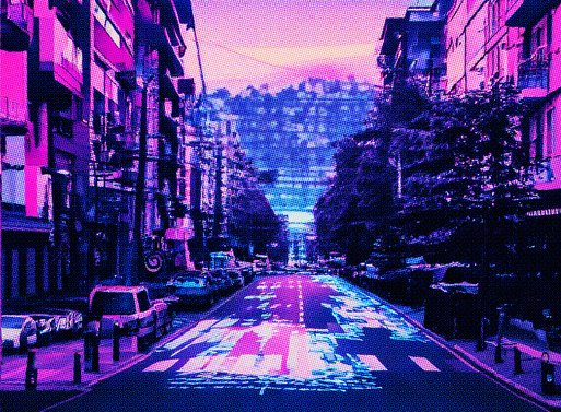 This features two images, the background image is a road with a zebra crossing. Overlaid is an image of a typical street with buildings either side and cars lined up on the side of the street. There are also trees and a large stretch of road which centres the image. The whole image has a purple filter and a pixel effect.