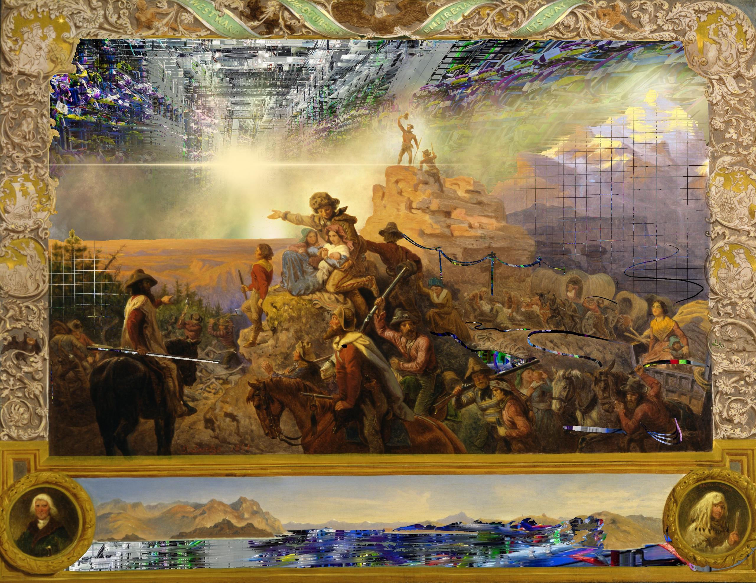 A digital collage merging an ornate historical painting of a pioneer scene with images of data and wires. The painting is partially glitched, with sections of digital circuitry and matrix-like grids overtaking the classical imagery. In the scene, pioneers on horseback and on foot appear to be embarking on a journey, but the technological distortion dominates the background, blending history with a sci-fi aesthetic.